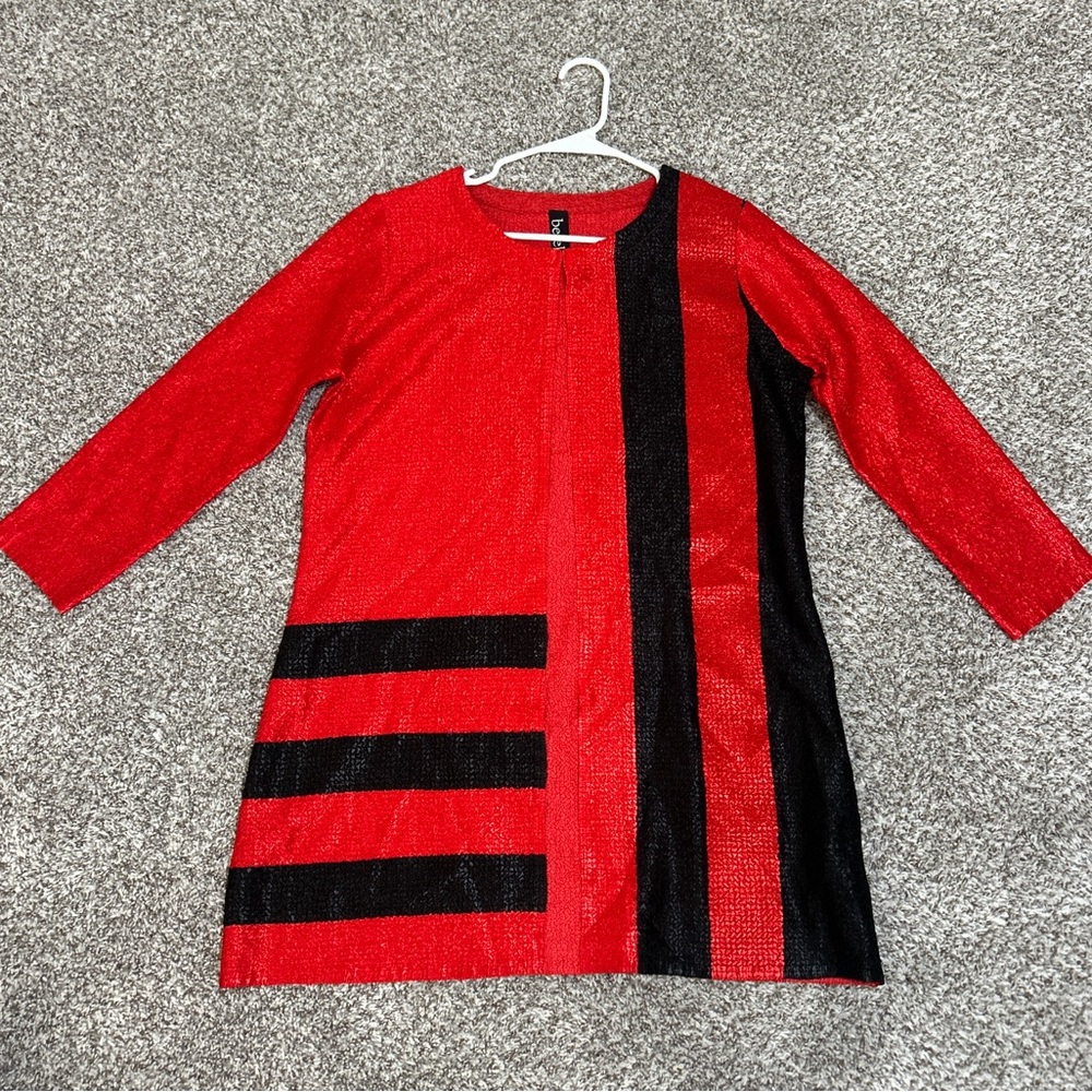 Berek Women’s Cardigan Coat Crinkle Long Red Black Large Christmas Holiday